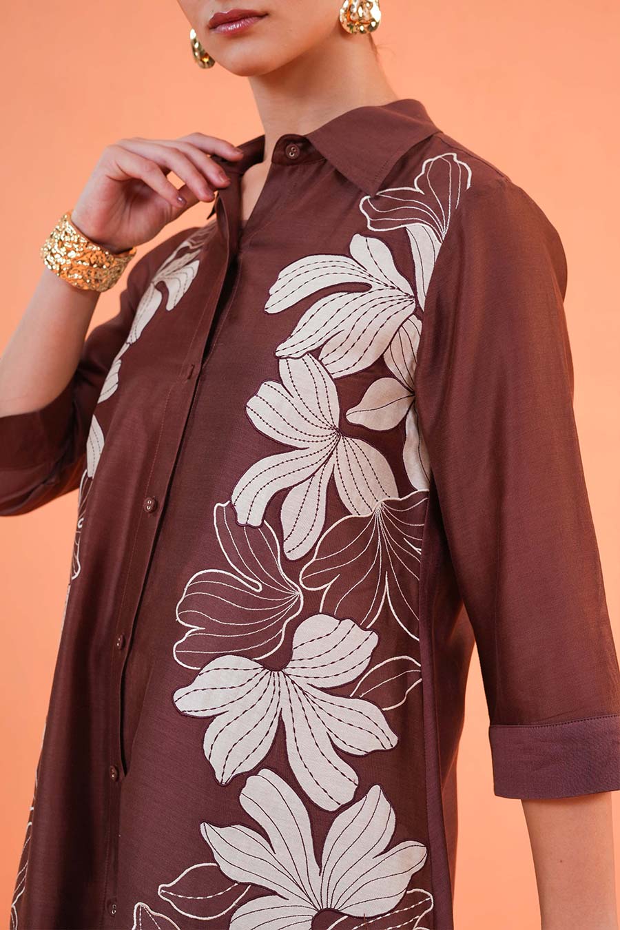 Brown Noir Embroidered Tunic & Pant Set