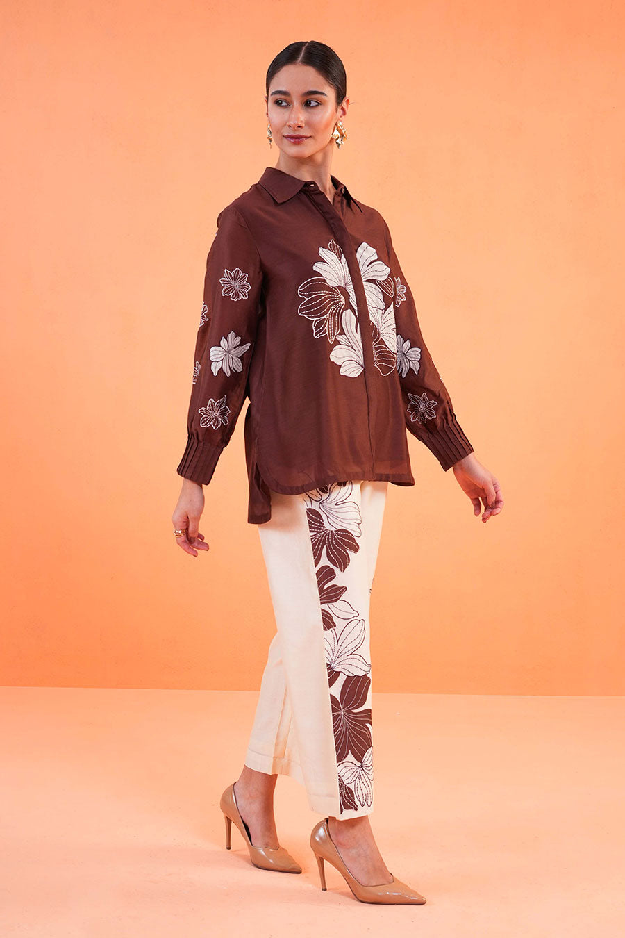 Brown-Ivory Noir Embroidered Co-Ord Set