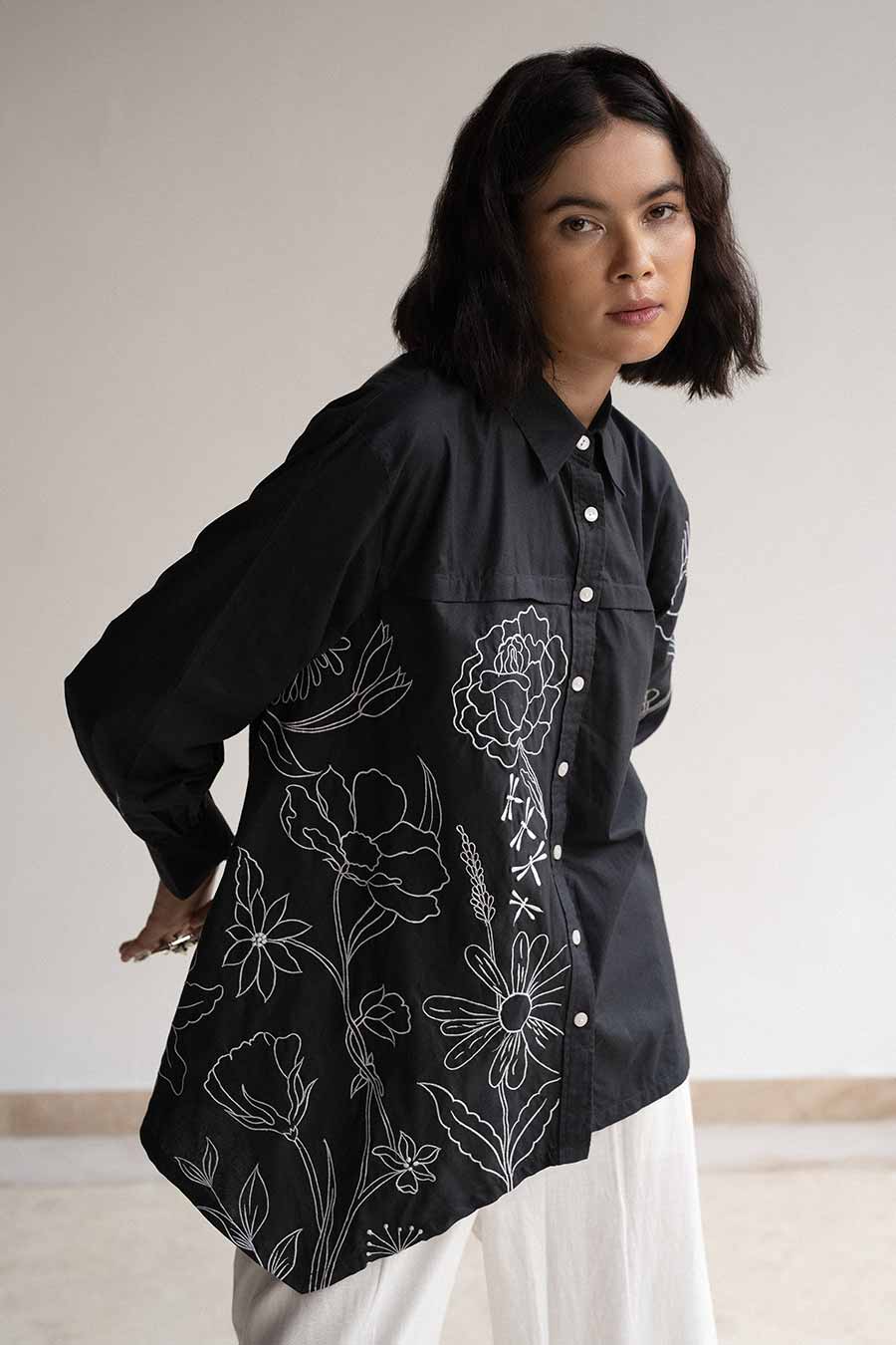 Black Blossom Embroidered Shirt