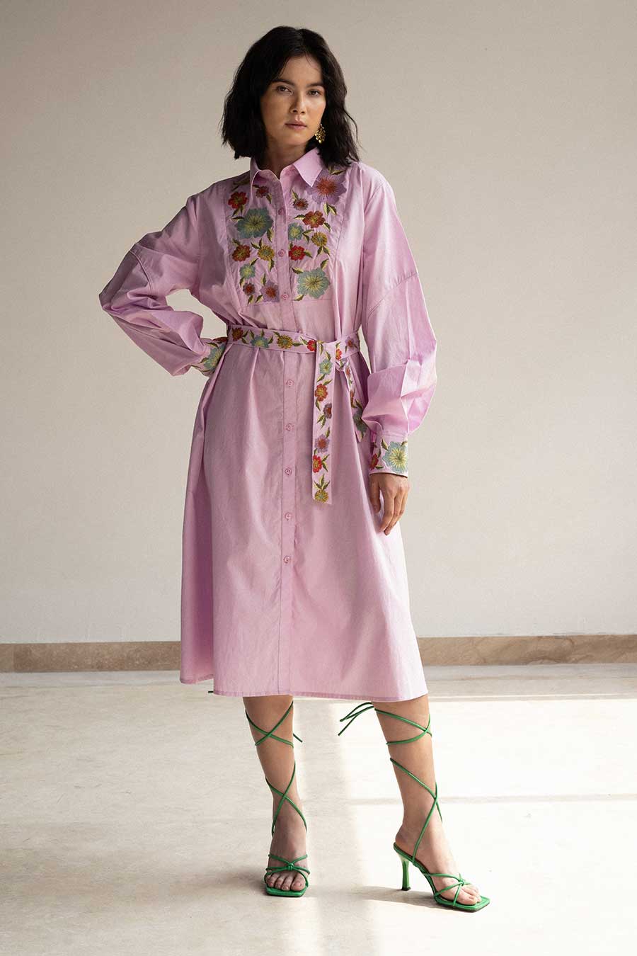 Lilac Bouquet Embroidered Shirt Dress