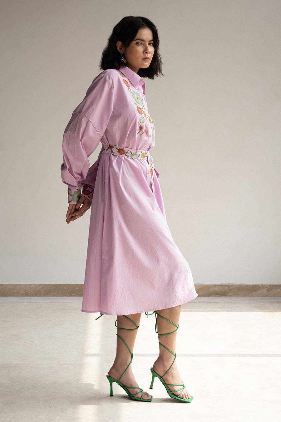 Lilac Bouquet Embroidered Shirt Dress