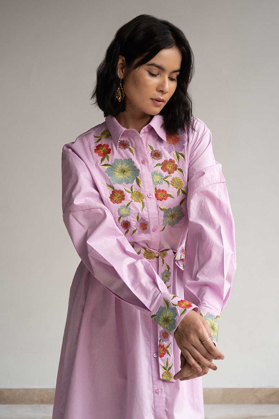 Lilac Bouquet Embroidered Shirt Dress
