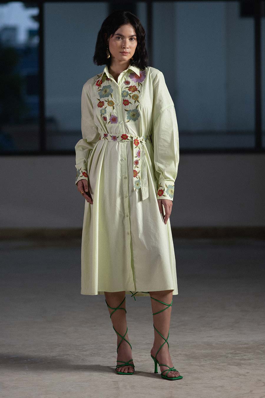 Mint Bouquet Embroidered Shirt Dress