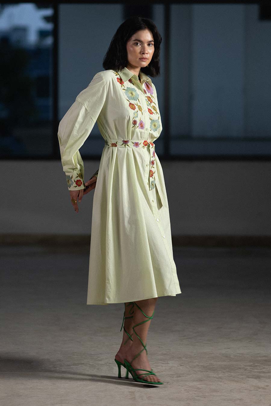 Mint Bouquet Embroidered Shirt Dress