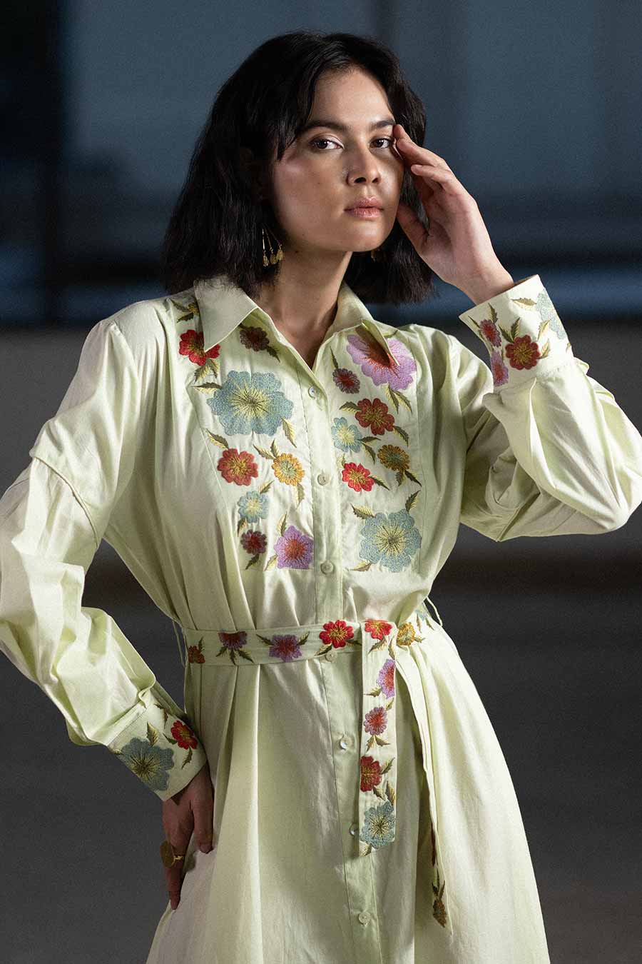 Mint Bouquet Embroidered Shirt Dress