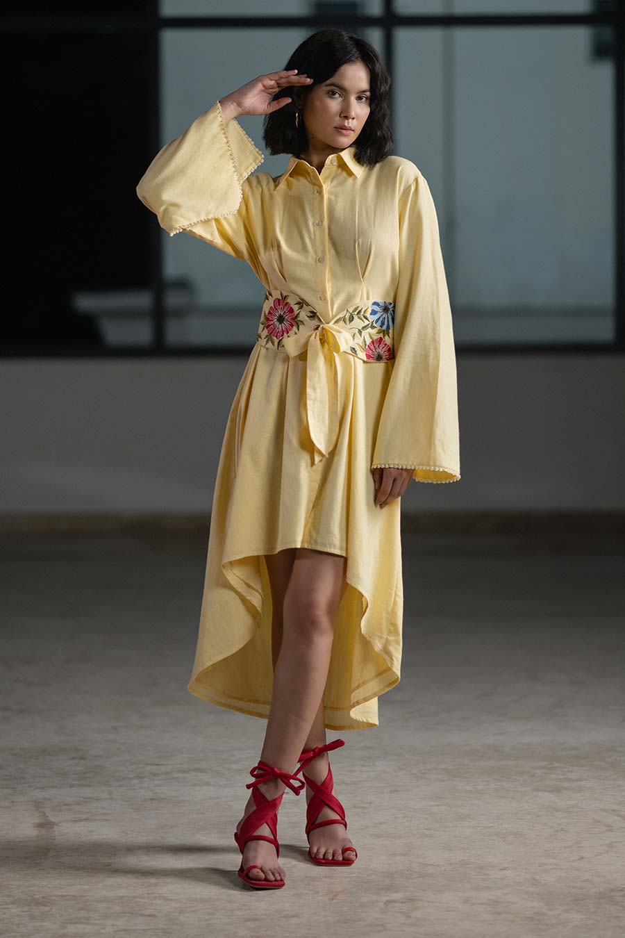 Yellow High-Low Embroidered Shirt Dress
