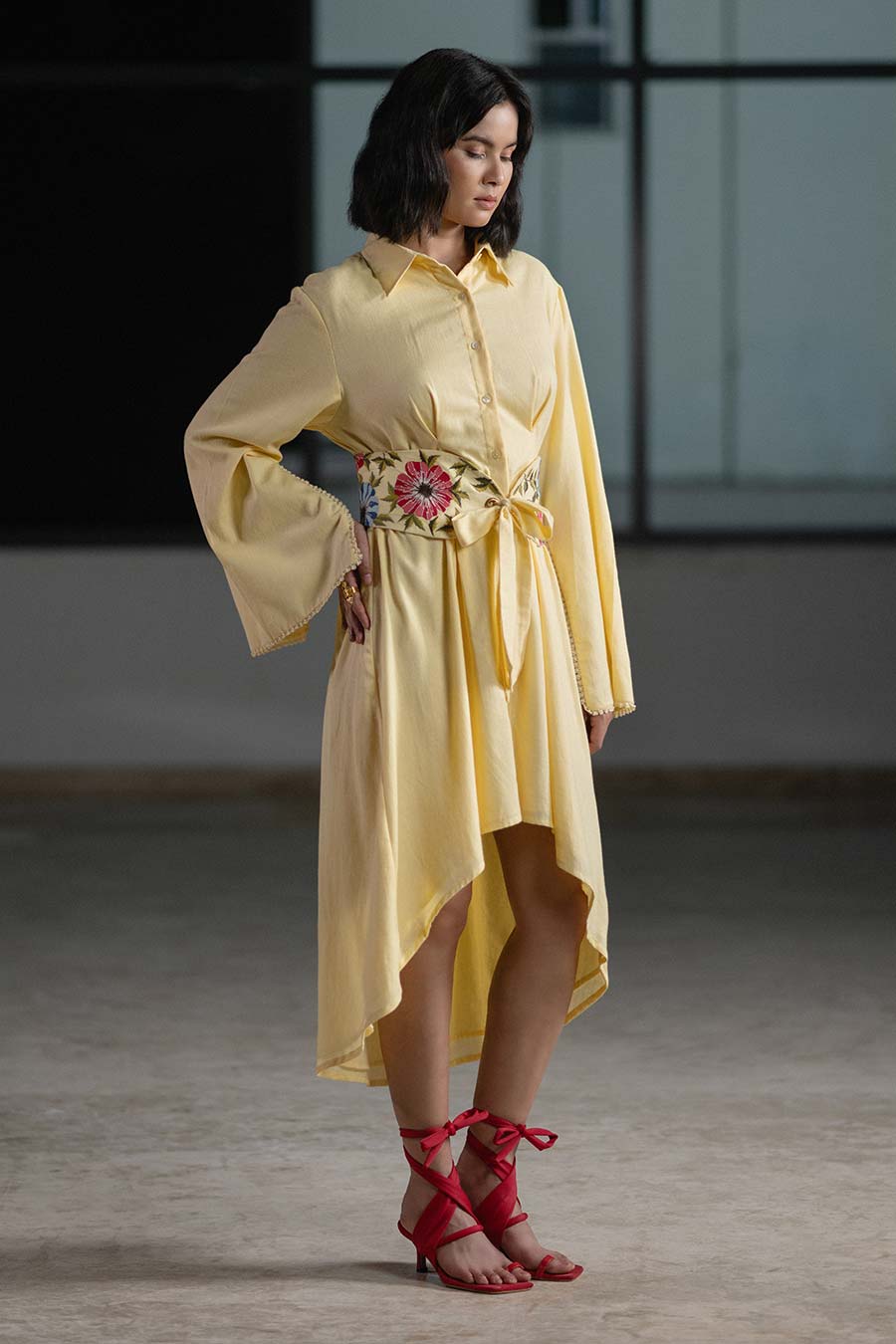 Yellow High-Low Embroidered Shirt Dress