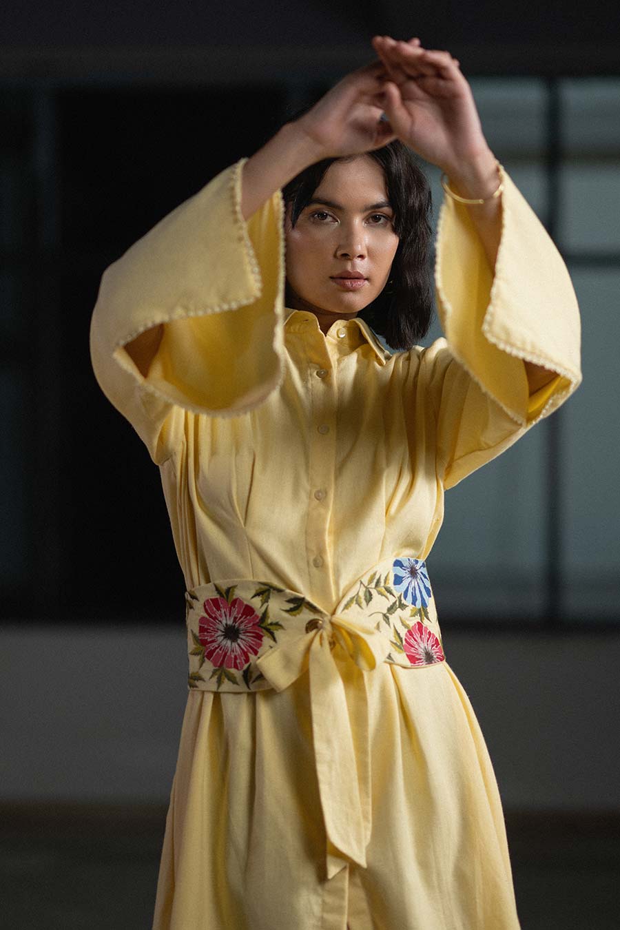 Yellow High-Low Embroidered Shirt Dress