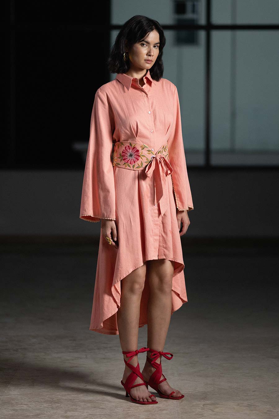 Coral High-Low Embroidered Shirt Dress
