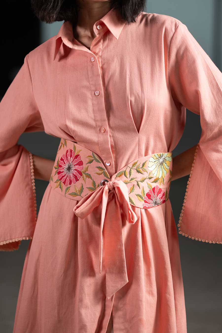Coral High-Low Embroidered Shirt Dress