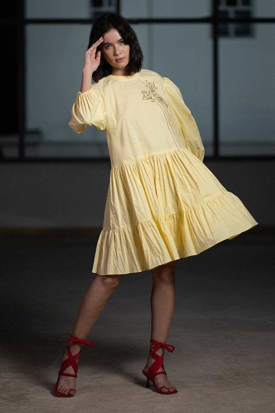 Yellow Dandellion Embroidered Tiered Dress