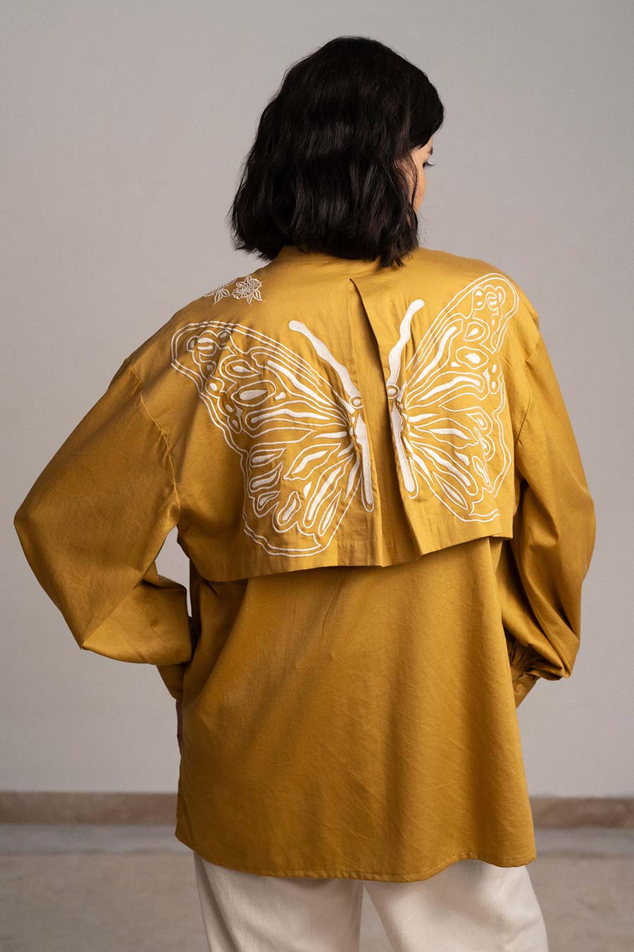 Mustard Winged Embroidered Panel Shirt