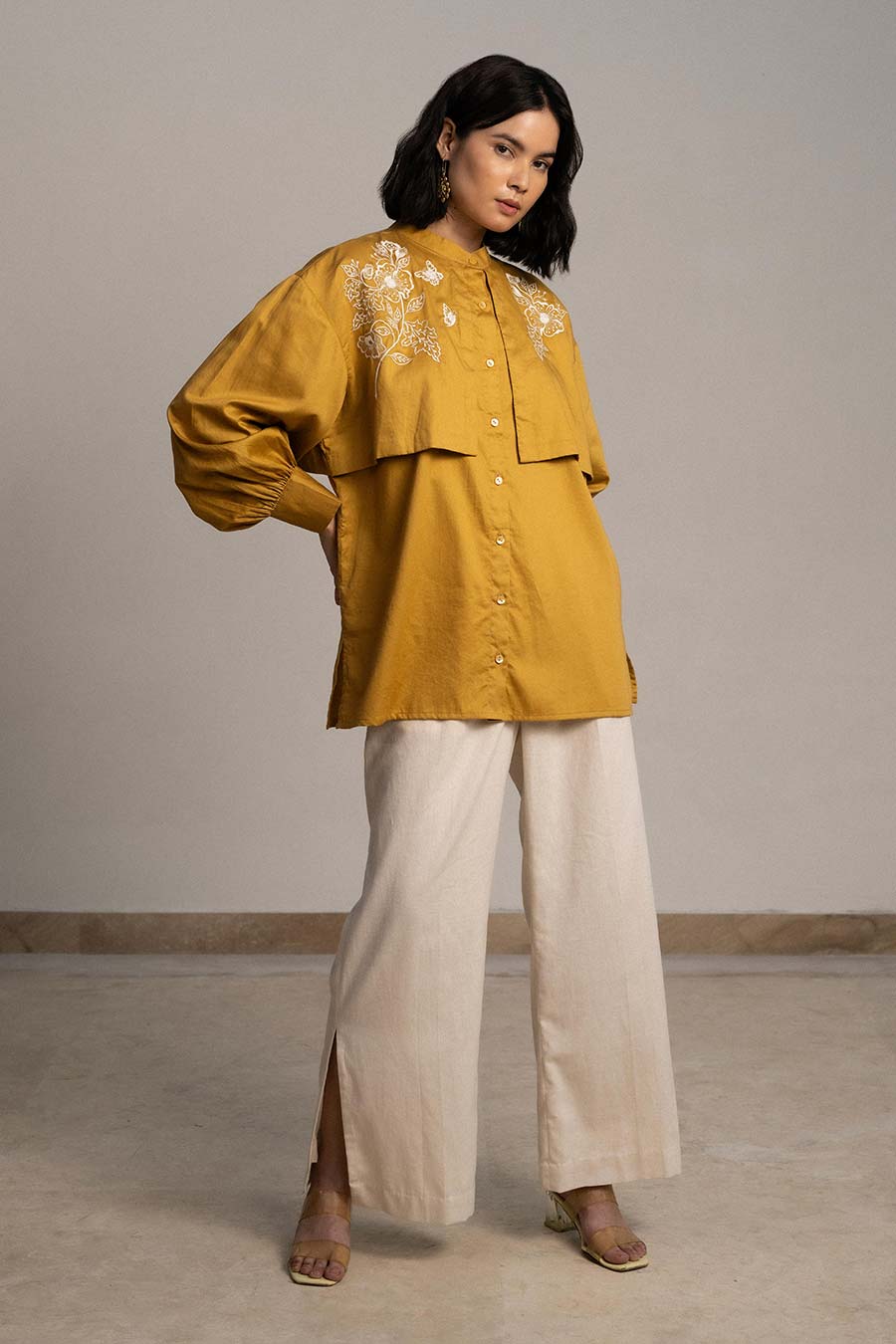 Mustard Winged Embroidered Panel Shirt