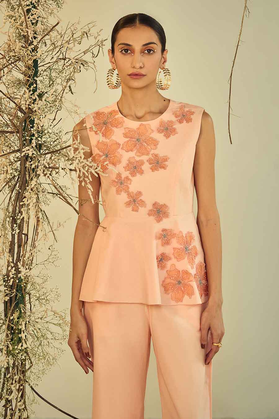 Peach Blossom Embellished Peplum Co-Ord Set