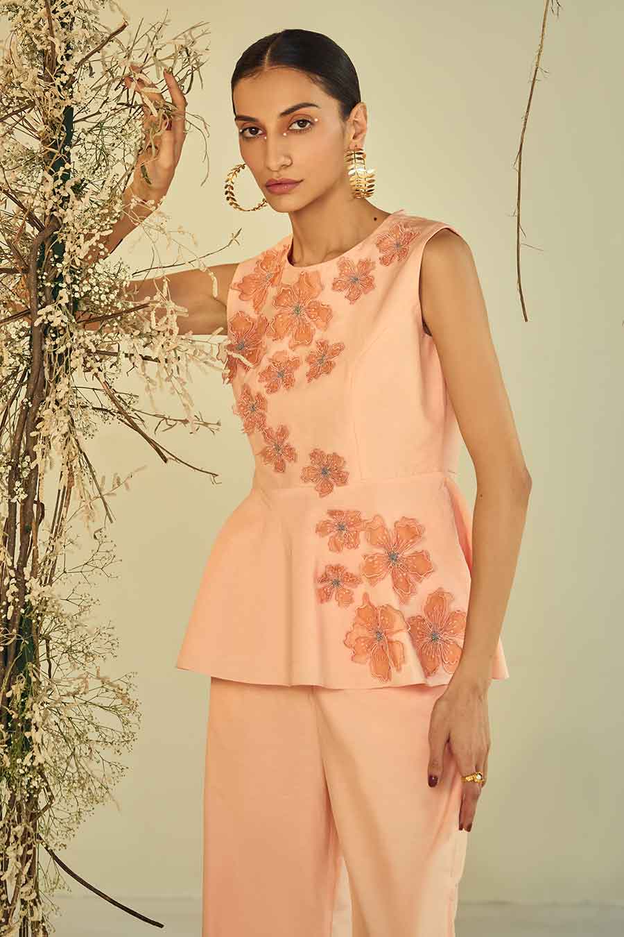 Peach Blossom Embellished Peplum Co-Ord Set