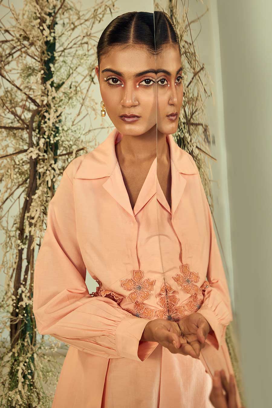 Peach Radiance Embellished Shirt Dress