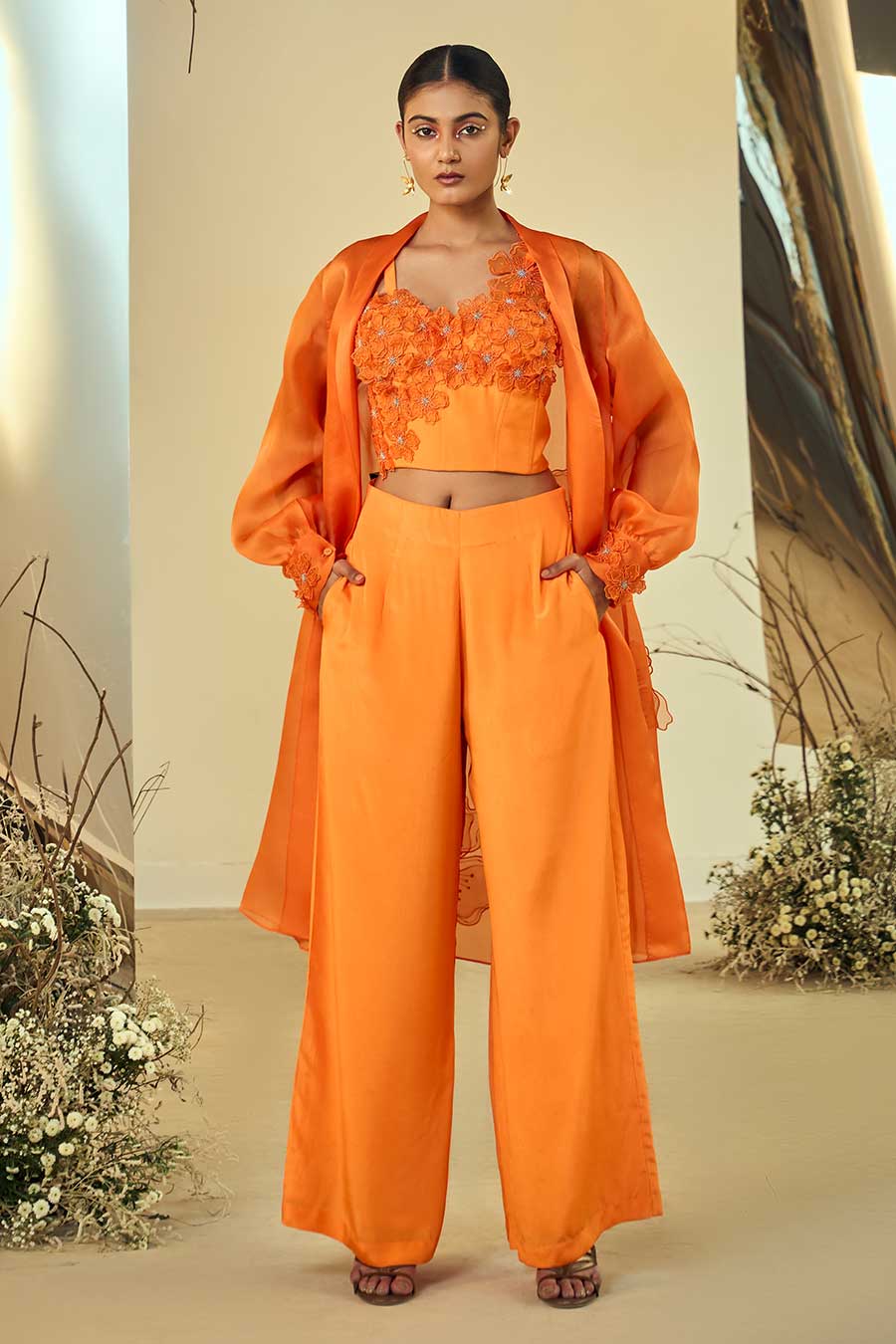 Tangerine Embellished 3 Piece Co-Ord Set