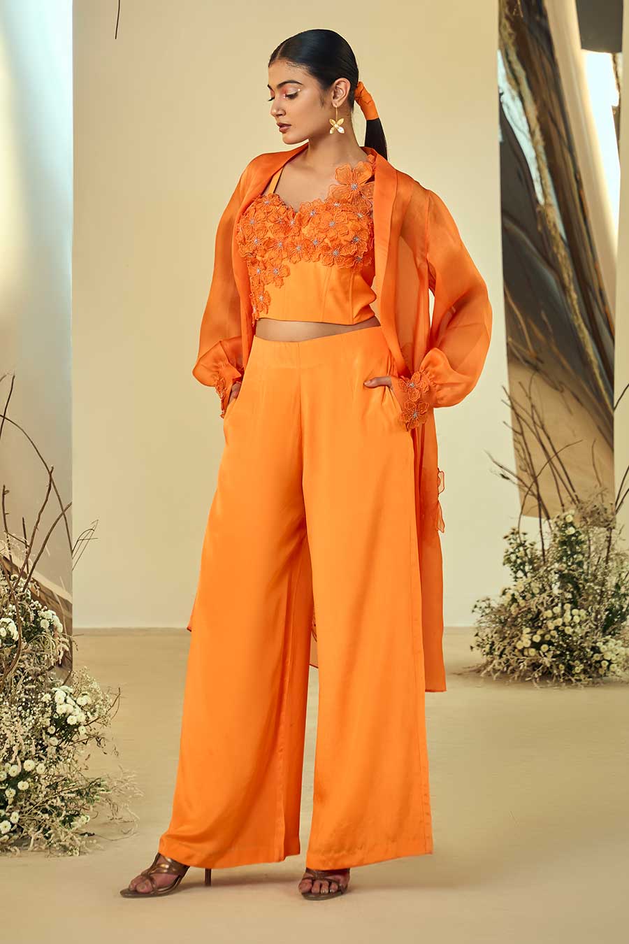 Tangerine Embellished 3 Piece Co-Ord Set