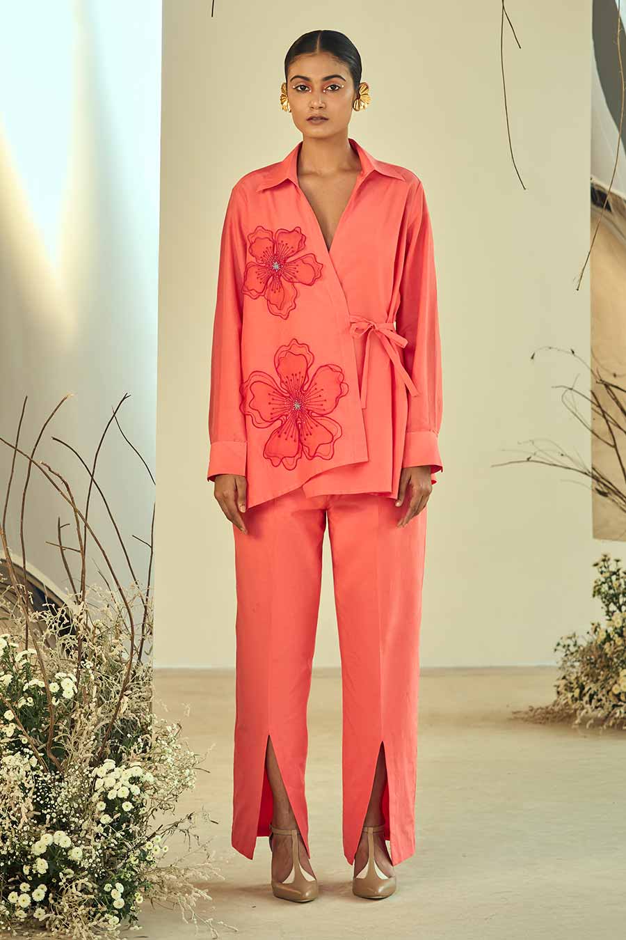 Coral Breezy Embellished Co-Ord Set