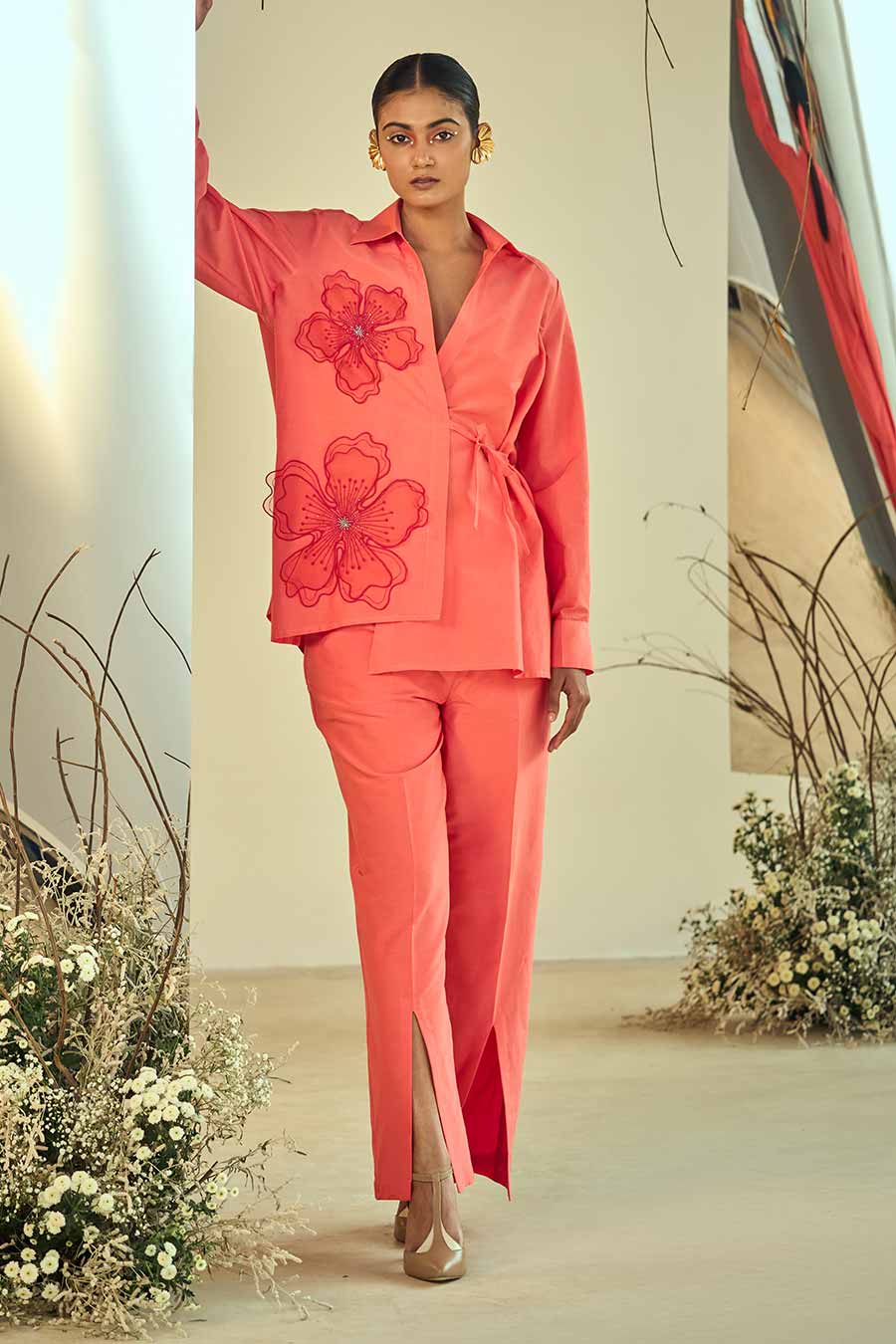 Coral Breezy Embellished Co-Ord Set