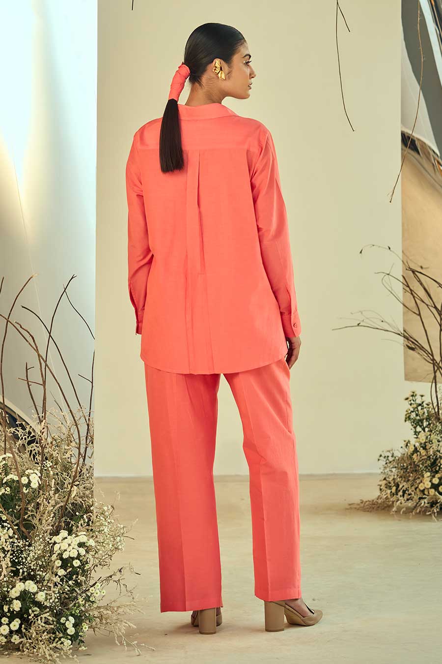 Coral Breezy Embellished Co-Ord Set