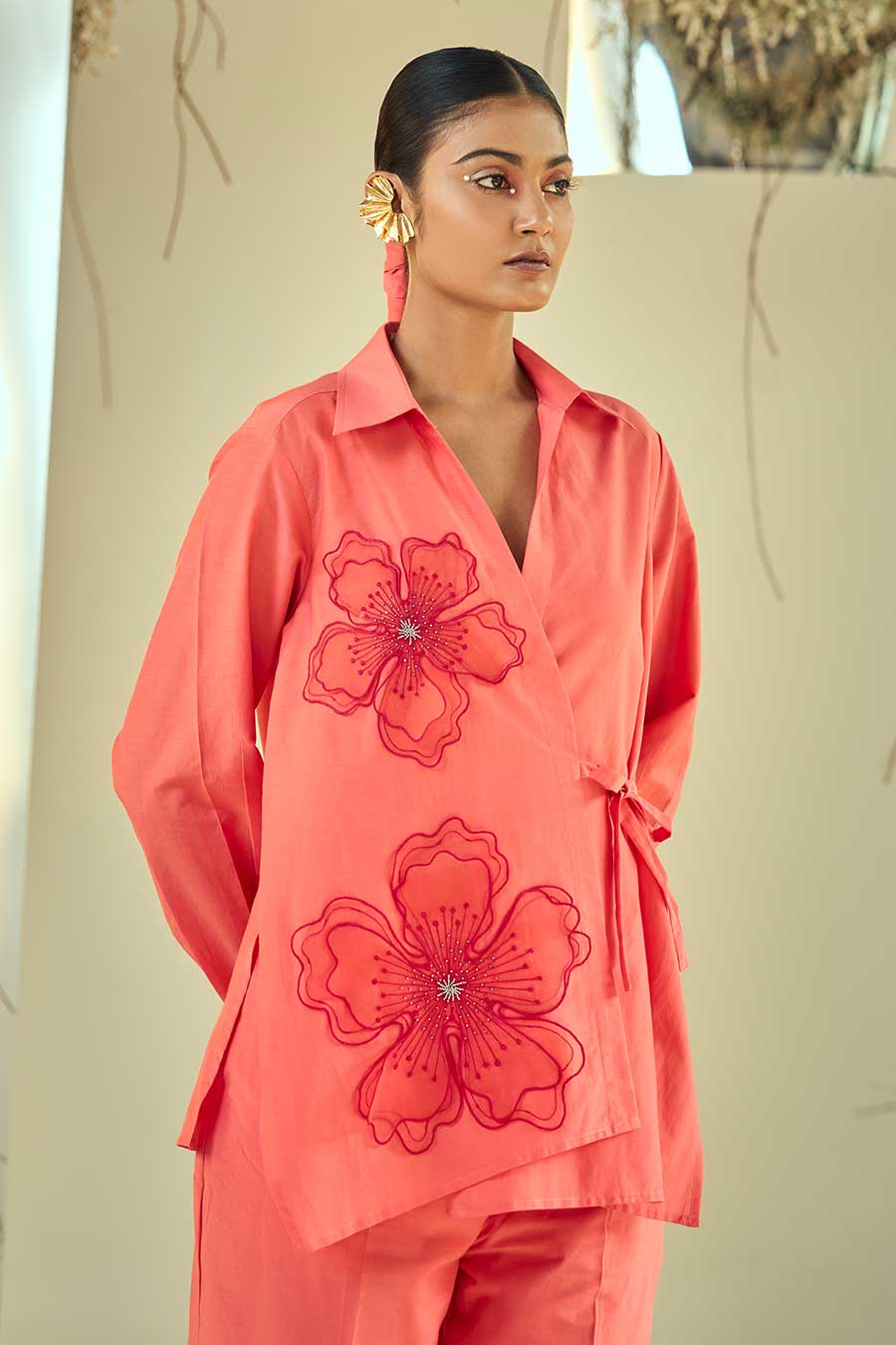 Coral Breezy Embellished Co-Ord Set