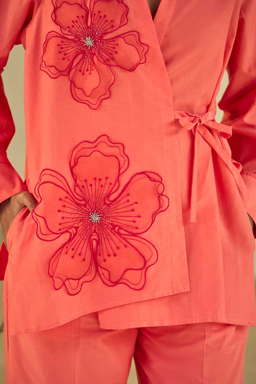 Coral Breezy Embellished Co-Ord Set