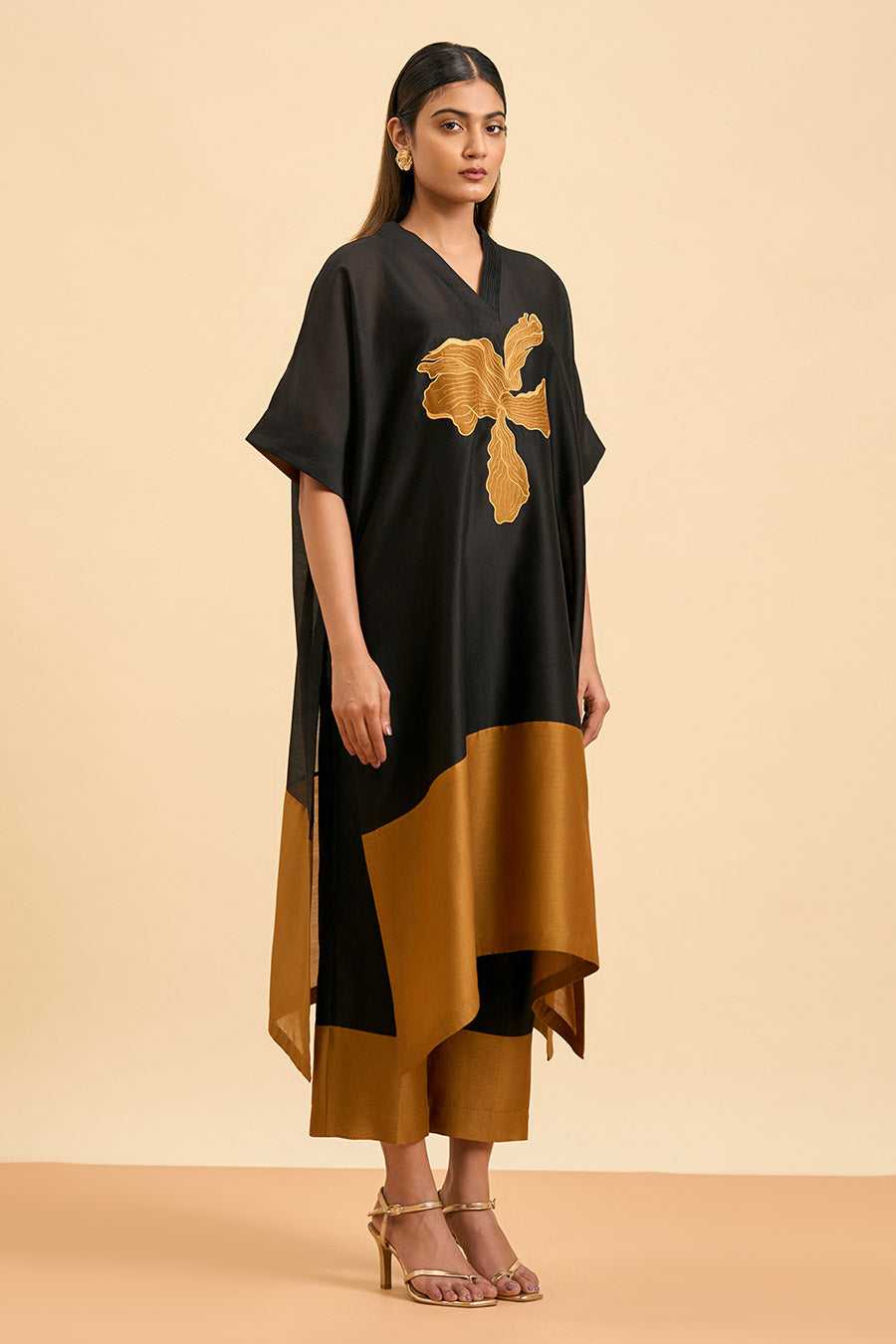 Black & Gold Applique Kaftan Kurta & Pant Set