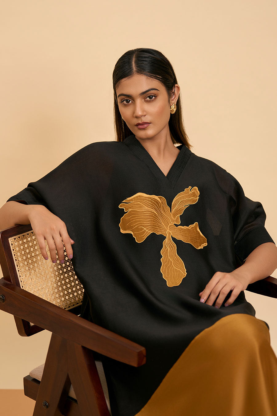 Black & Gold Applique Kaftan Kurta & Pant Set