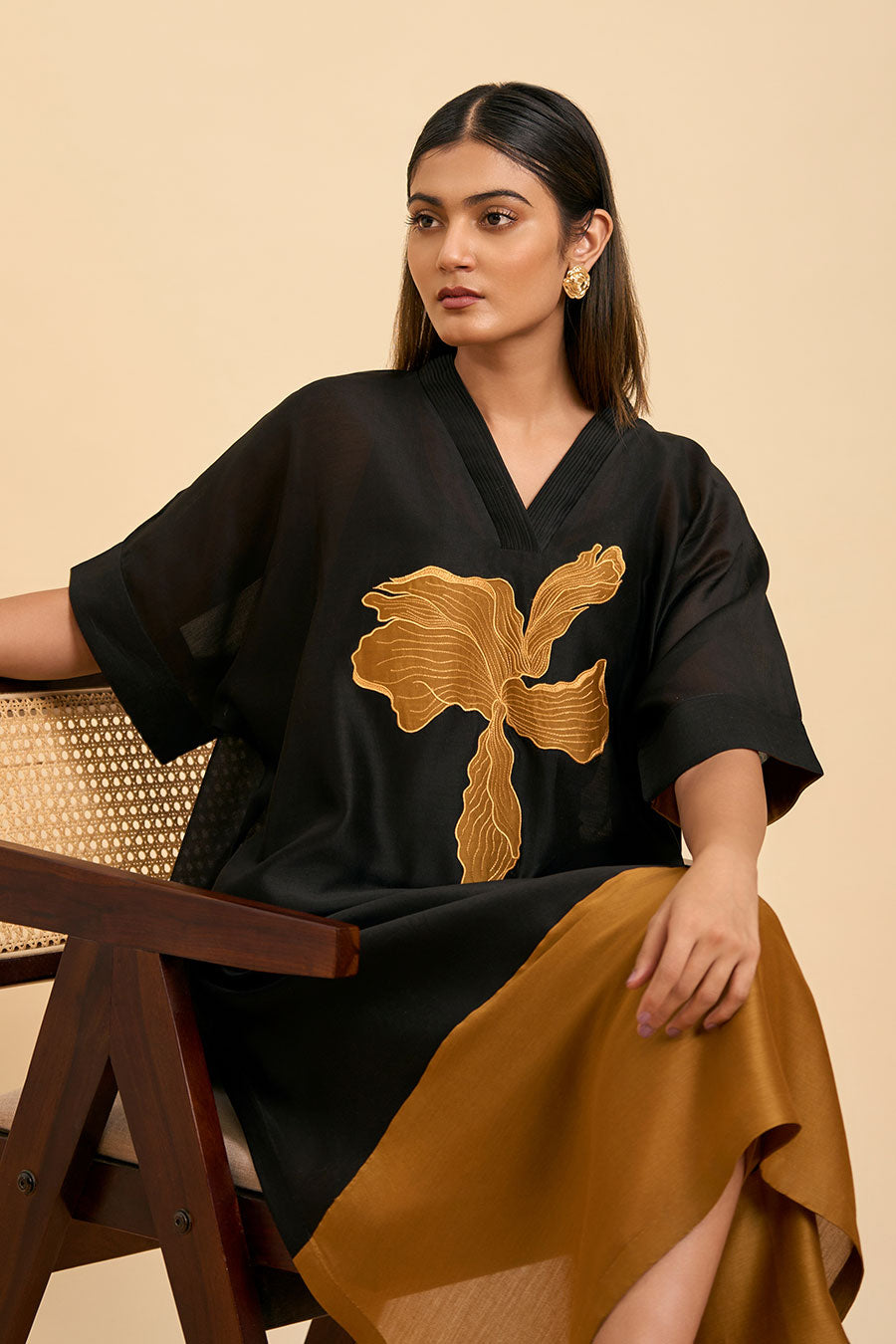Black & Gold Applique Kaftan Kurta & Pant Set