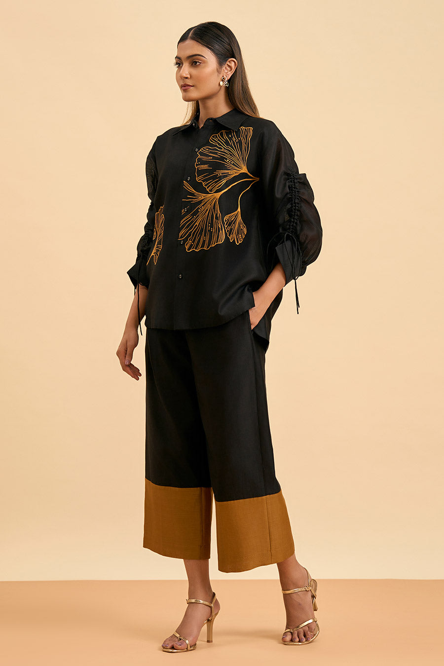 Black Ginkgo Embroidered Shirt & Pant Co-Ord Set