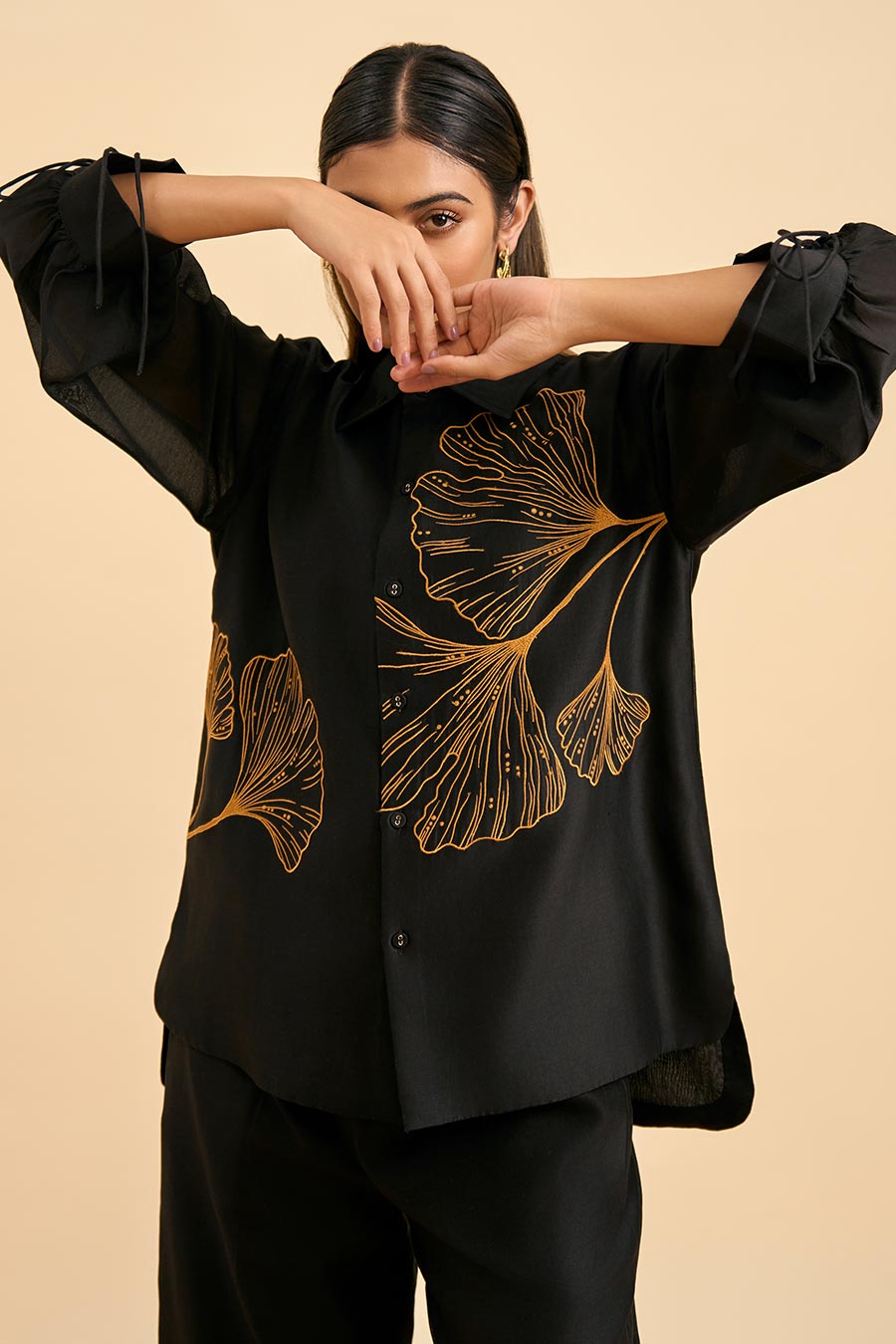 Black Ginkgo Embroidered Shirt & Pant Co-Ord Set