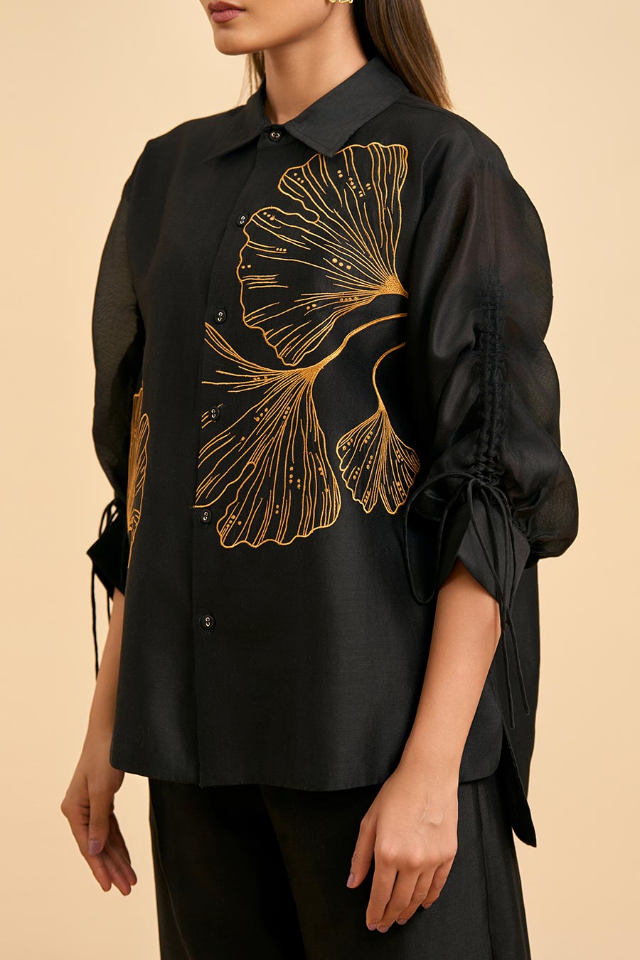 Black Ginkgo Embroidered Shirt & Pant Co-Ord Set