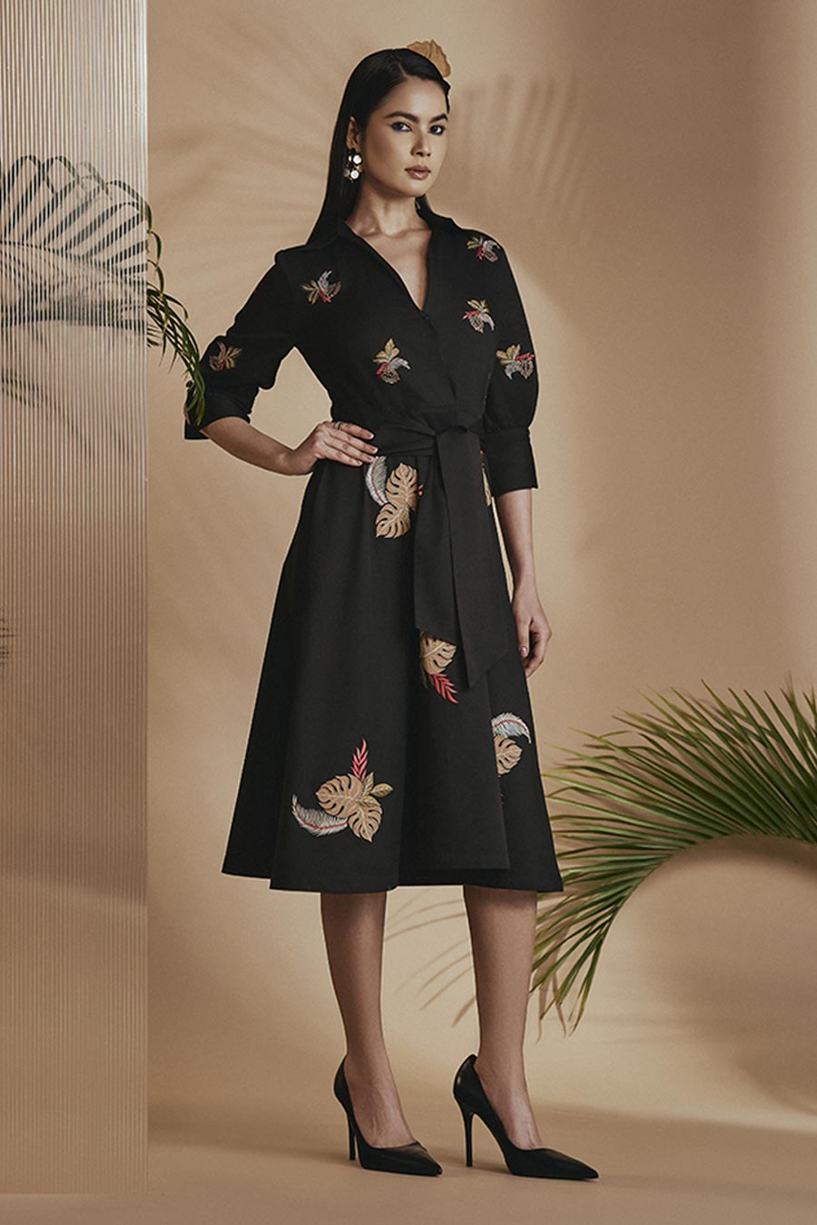 Black Tropical Embroidered A-Line Flared Dress