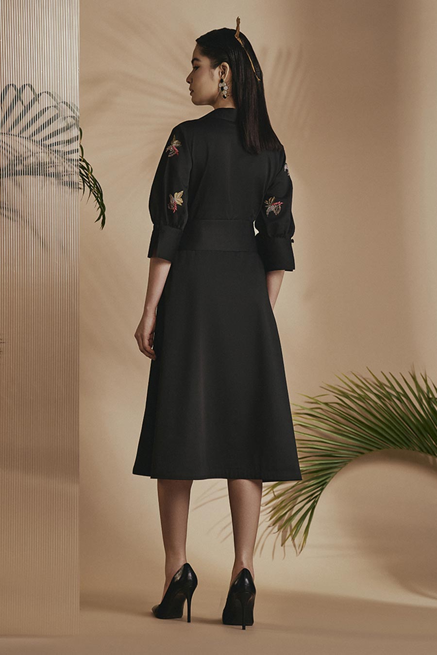 Black Tropical Embroidered A-Line Flared Dress