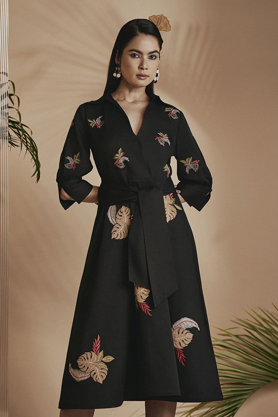 Black Tropical Embroidered A-Line Flared Dress
