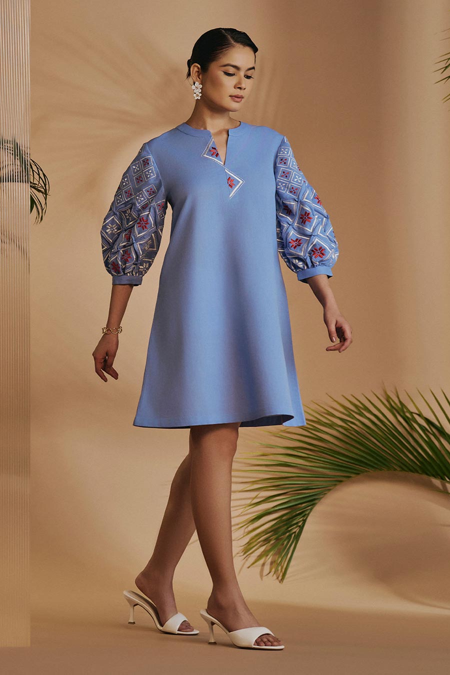 Blue Rainforest Embroidered Tunic Dress