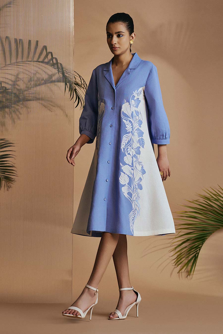 Blue & Ivory Petal Safari Embroidered A-Line Dress