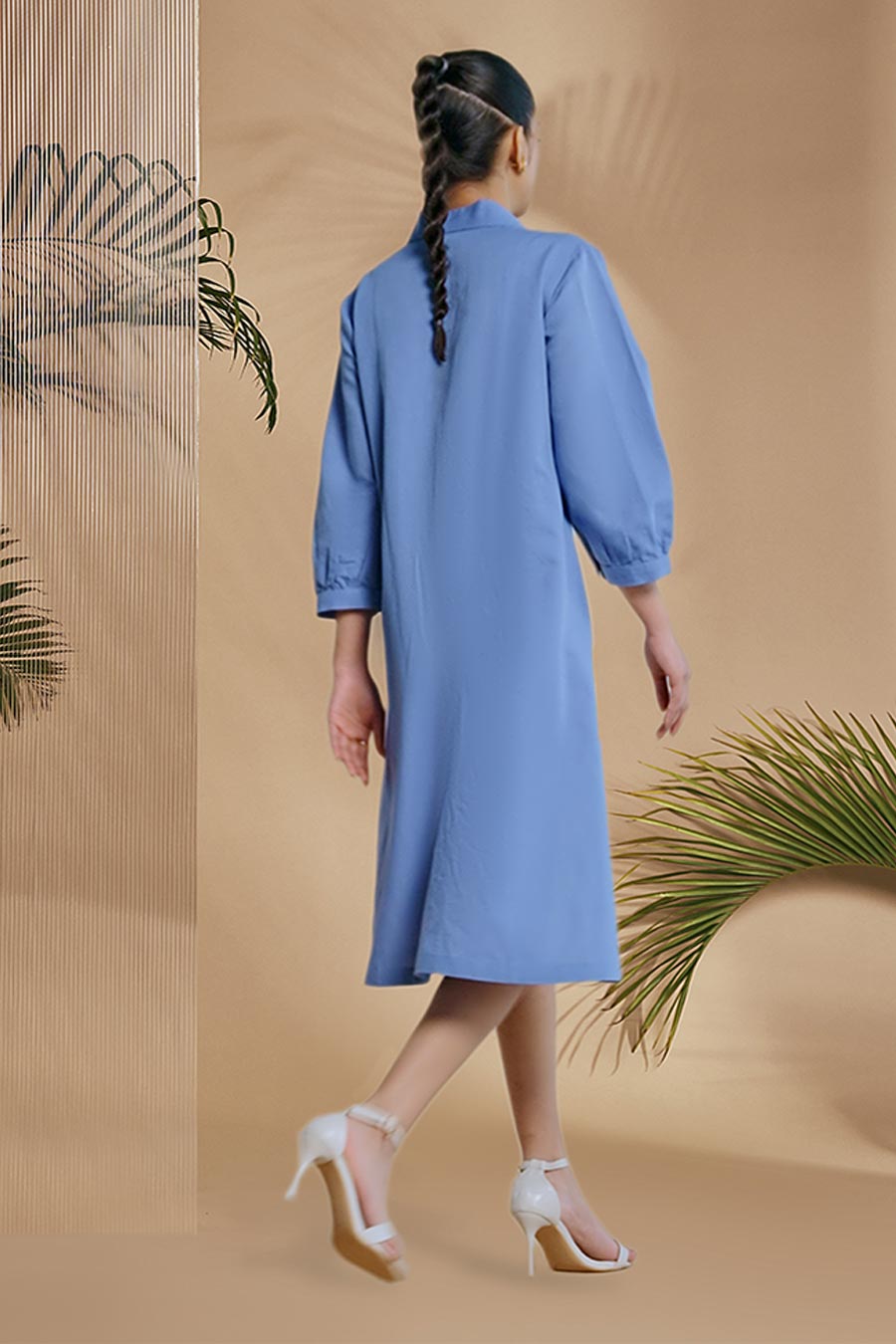 Blue & Ivory Petal Safari Embroidered A-Line Dress
