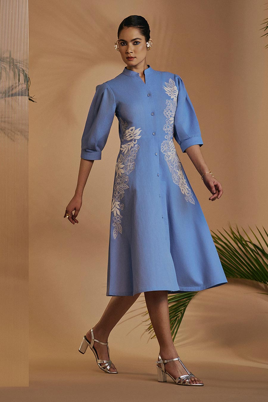Blue Embroidered Fit & Flare Dress