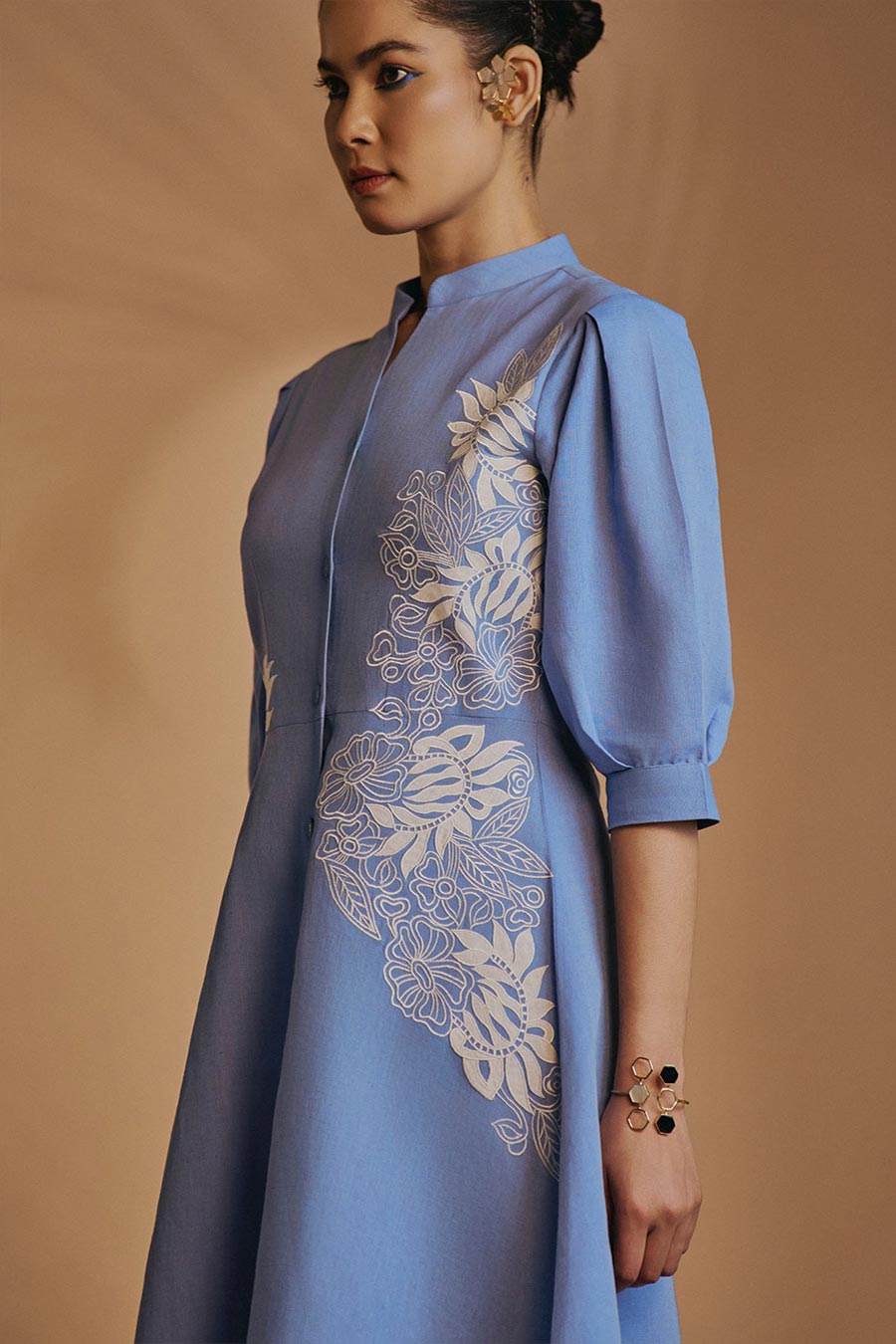 Blue Embroidered Fit & Flare Dress