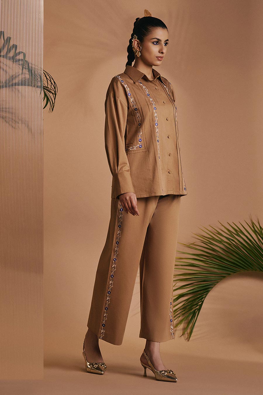 Brown Reverie Embroidered Shirt & Pant Co-Ord Set