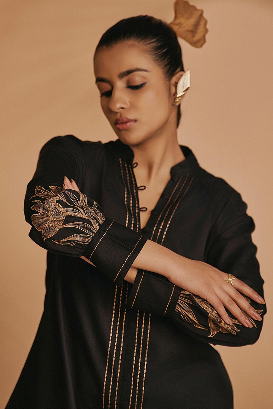 Black Lilly Embroidered Shirt & Pant Co-Ord Set