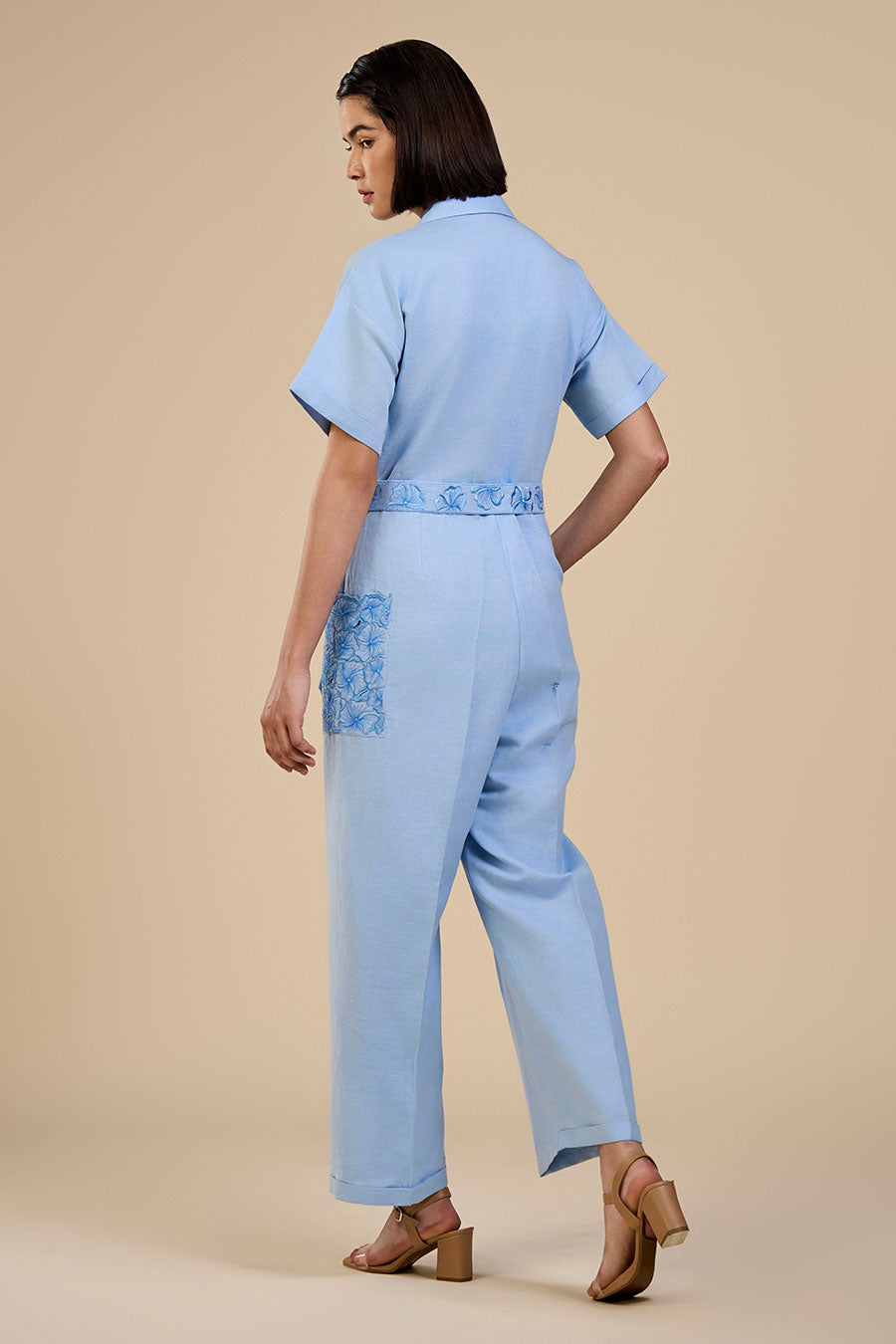 Ice Blue Embroidered Pocket Jumpsuit