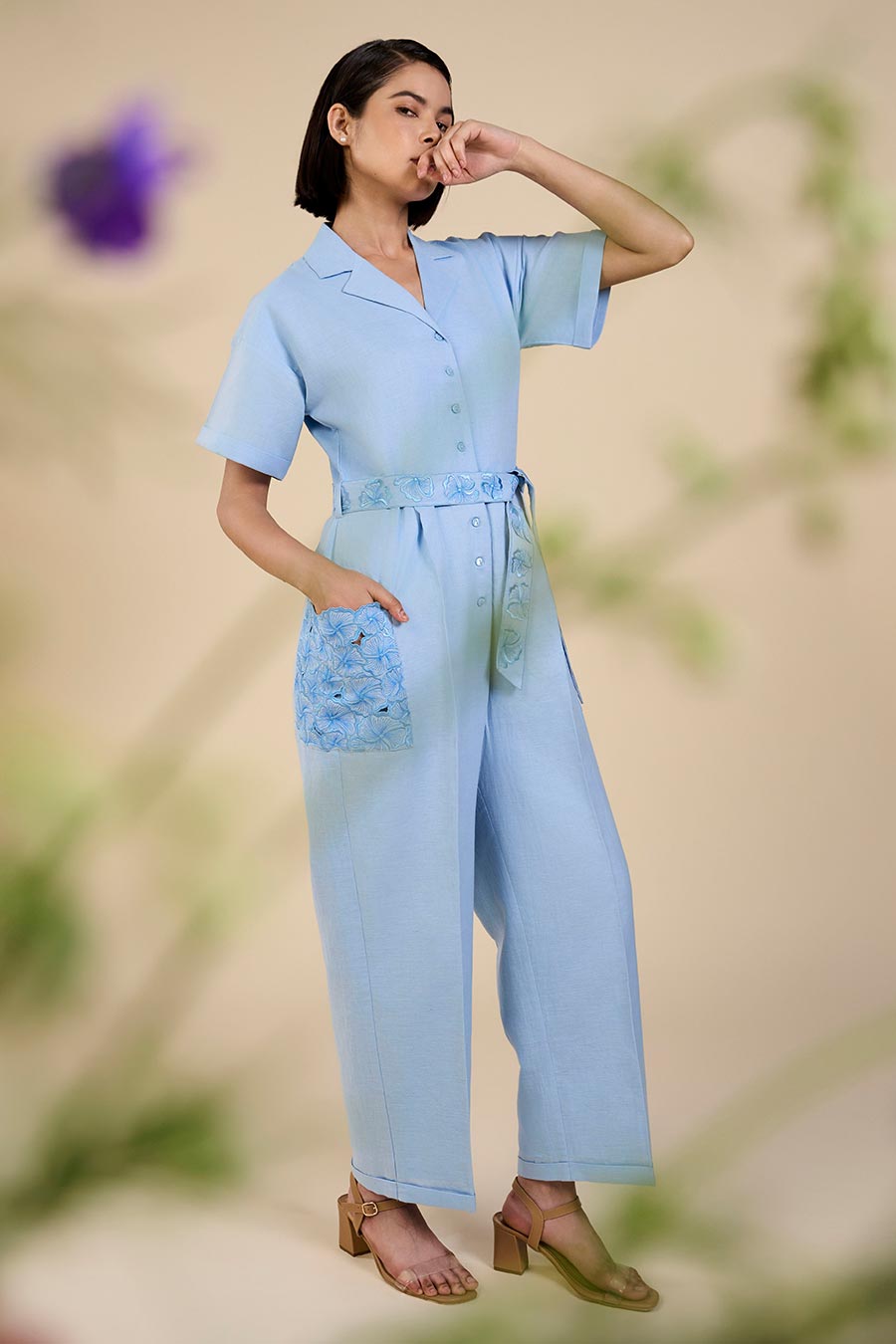 Ice Blue Embroidered Pocket Jumpsuit