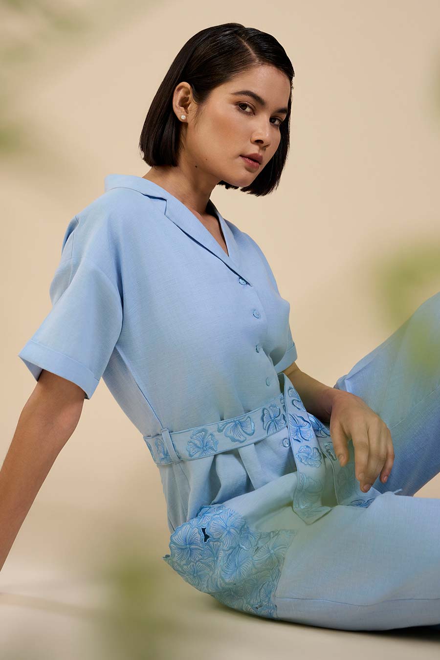 Ice Blue Embroidered Pocket Jumpsuit