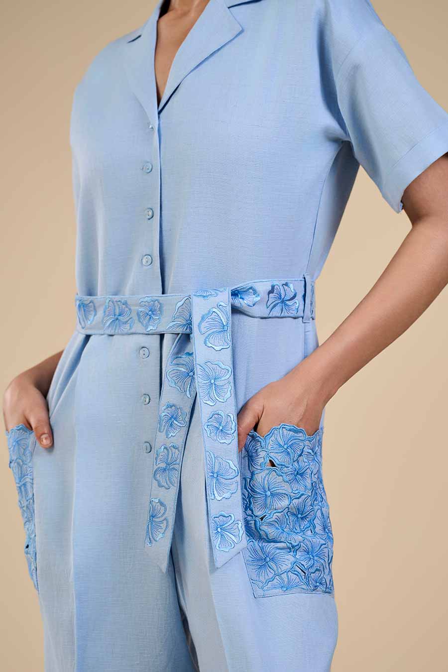 Ice Blue Embroidered Pocket Jumpsuit