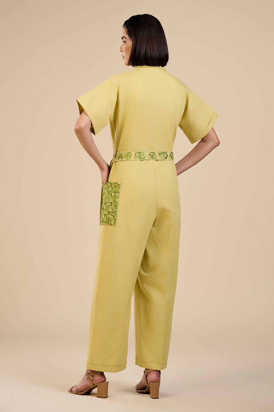 Lime Green Embroidered Pocket Jumpsuit