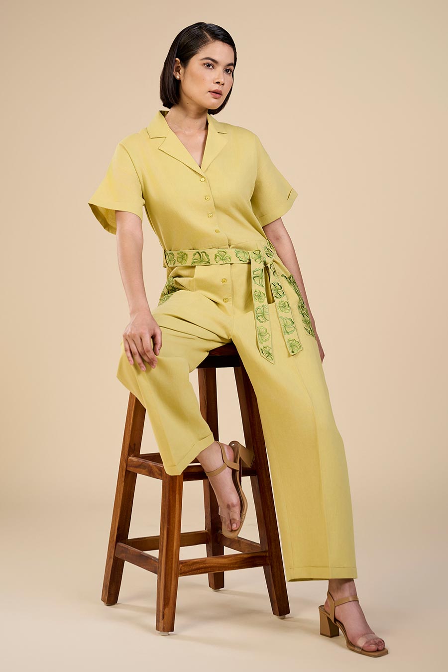 Lime Green Embroidered Pocket Jumpsuit
