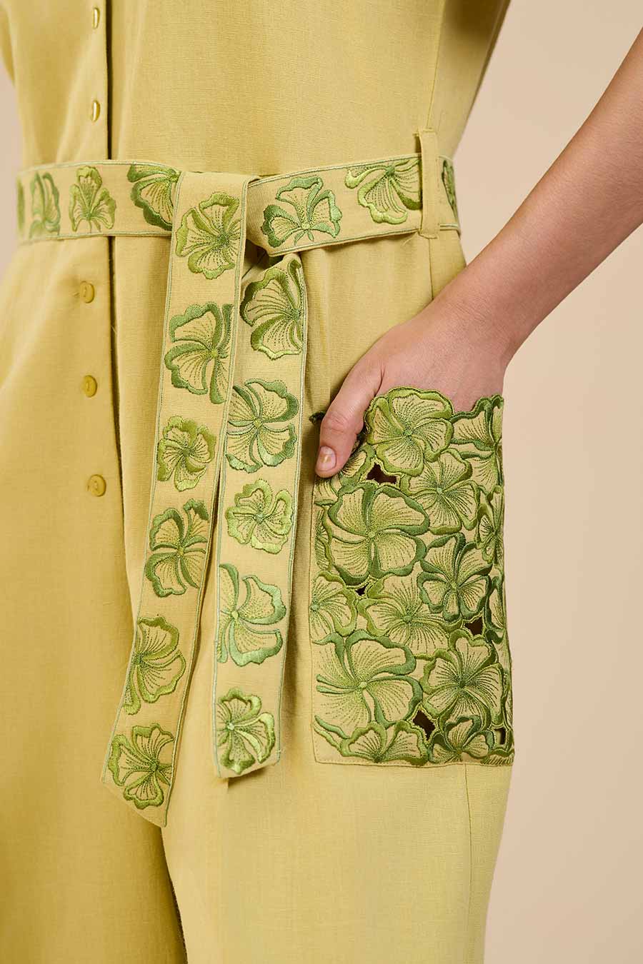 Lime Green Embroidered Pocket Jumpsuit
